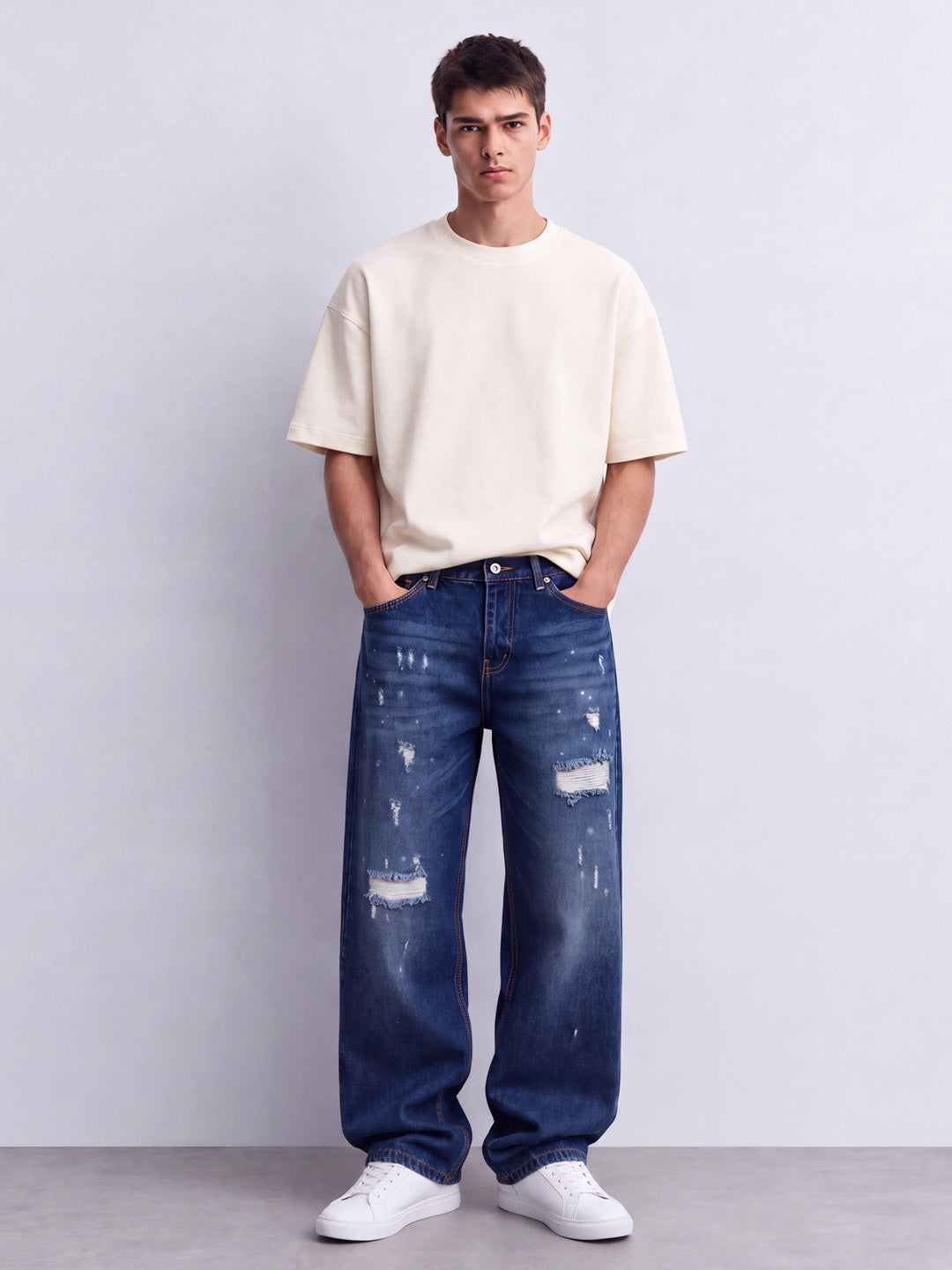 Dark Blue Distressed Baggy Fit Jeans