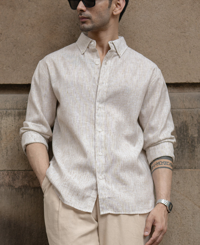 Beige Slub Stripe Shirt.