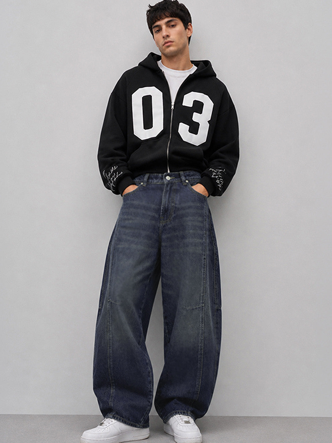 Blue Panelled Barrel Fit Jeans