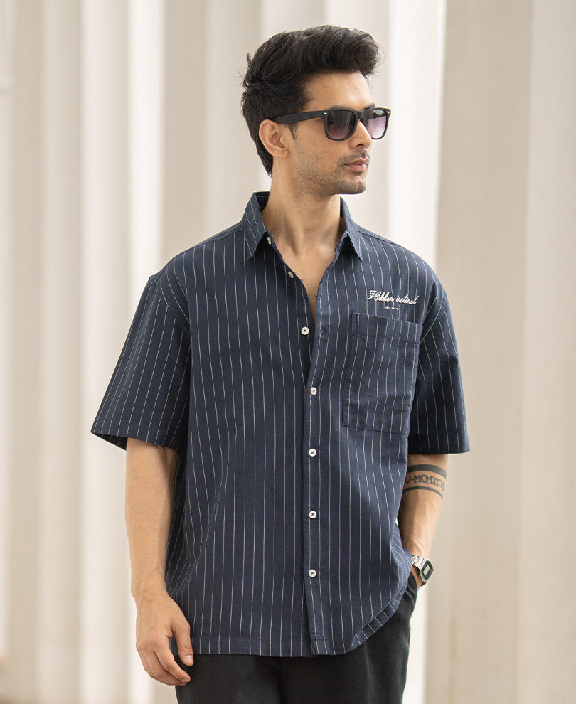 Navy Oxford Stripe Shirt 100% Cotton