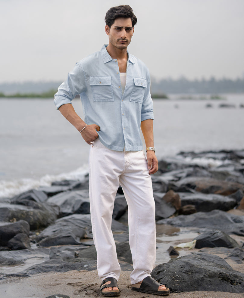 Light Blue Linen Double Pocket Shirt.
