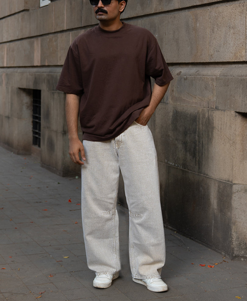 Beige Washed Barrel Fit Jeans