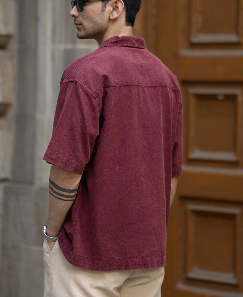 Burgundy Washed Structure Boxy Shirt.
