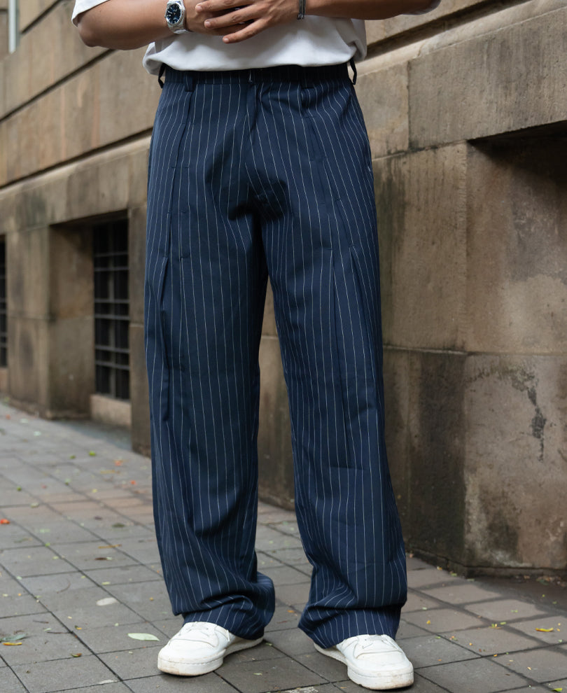 Navy Striped Pleated Trousers