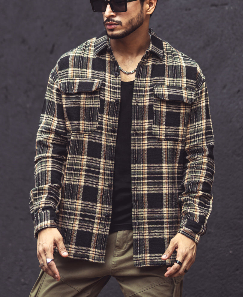 Multicolor Checks Double Pockets Oversize Drop Shoulder Shirt.