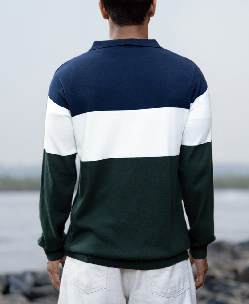 Navy And Green Panelled Polo T-Shirt.
