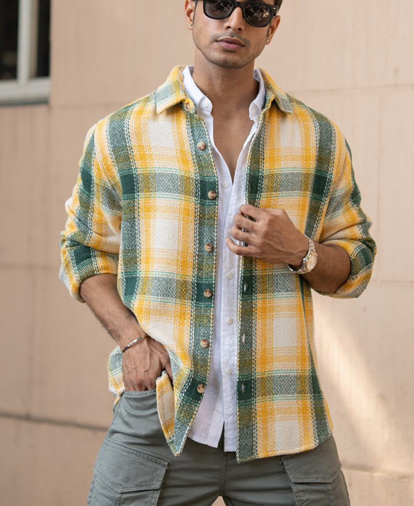 Yellow And Green Structured Checks Shirt.