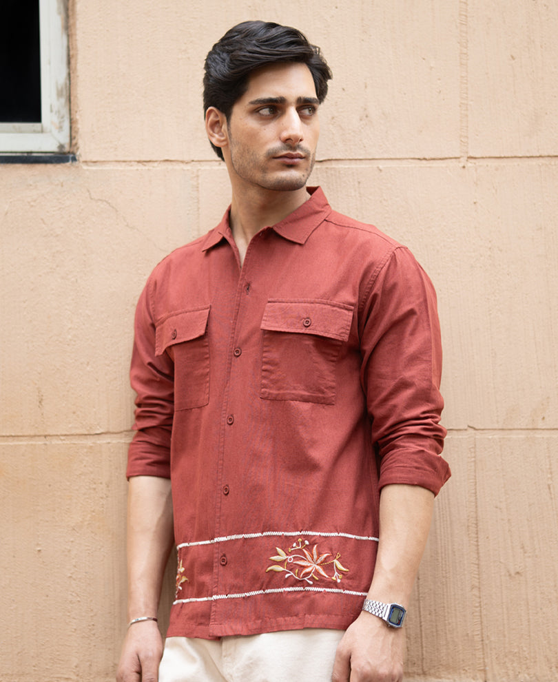 Brick Embroidered Linen Shirt.