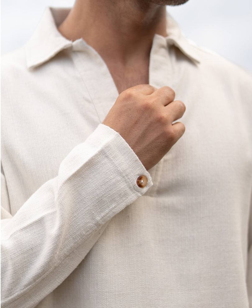 Cream Structured Cotton Kurta Shirt.