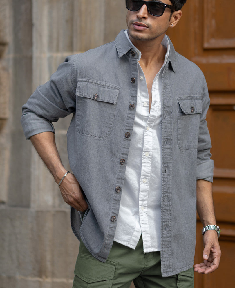Mid Grey Washed Denim Shirt.