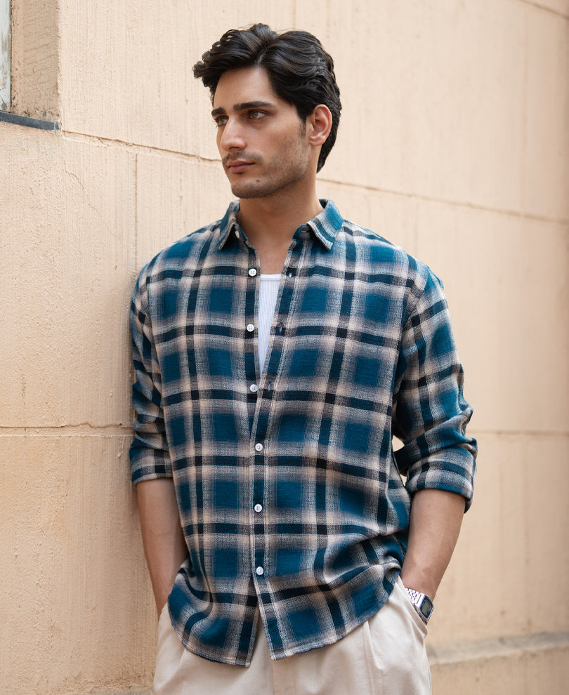 Teal Structured Checks Shirt.