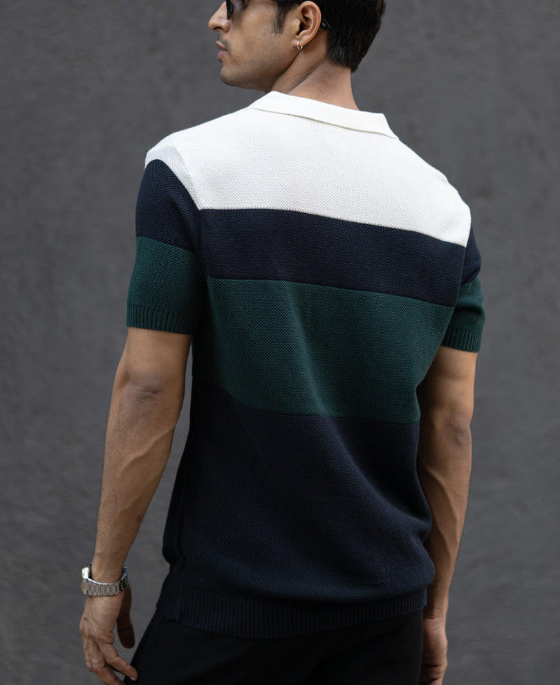 Olive & Navy Knit Stripe T-Shirt.
