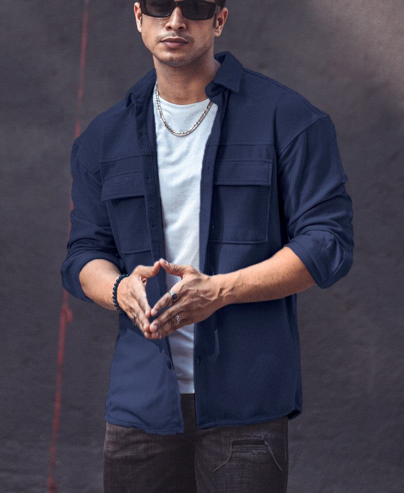 Navy Blue Pocket Oversize Shacket Drop Shoulder Shirt.