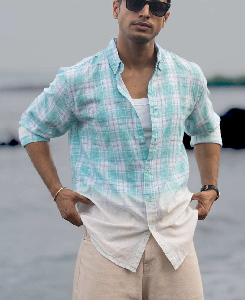 Aqua Blue Light Weight Ombre Checks Shirt.