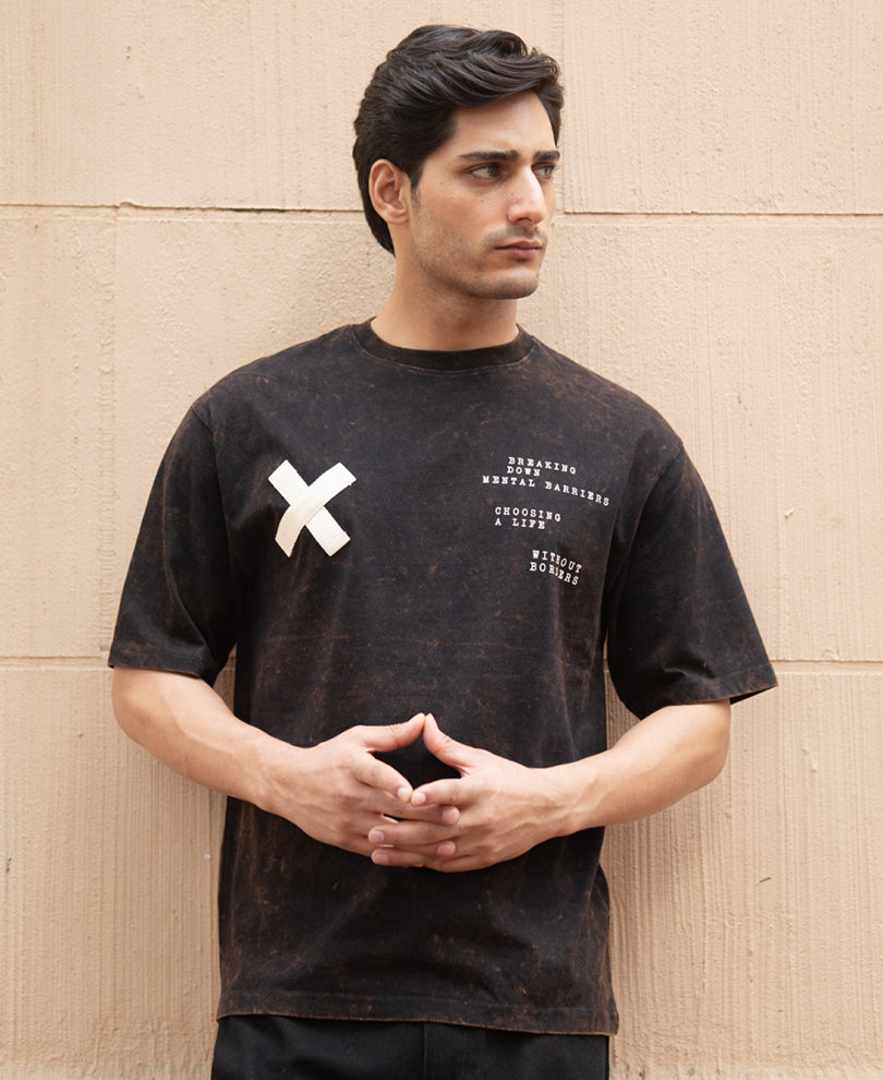 Dark Brown Washed Printed Oversized T-Shirt.