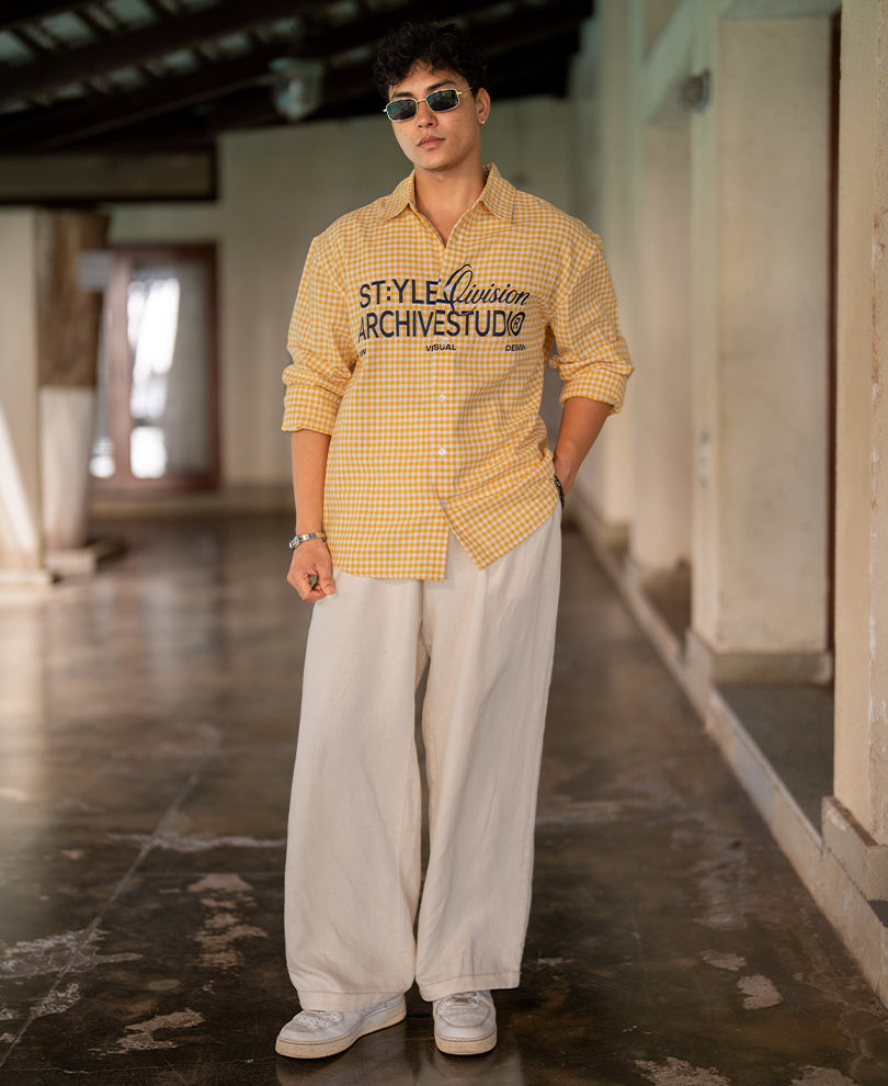 Yellow Printed Checks Shirt 100% Cotton