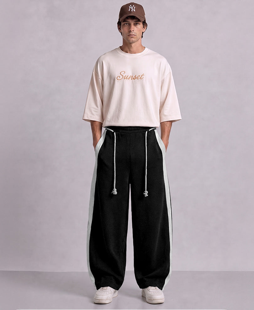 Black Panelled Barrel Fit Trackpant