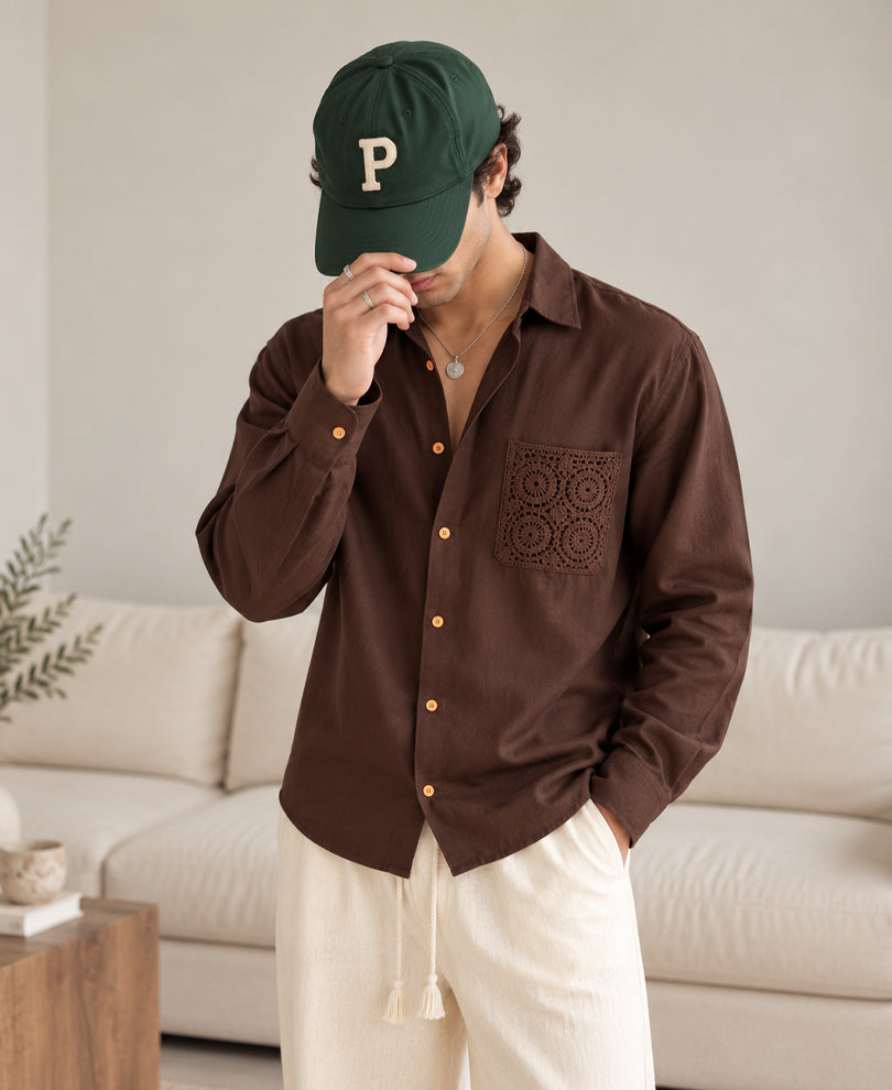 Brown Full Sleeves Regular Fit Linen Blend Shirt