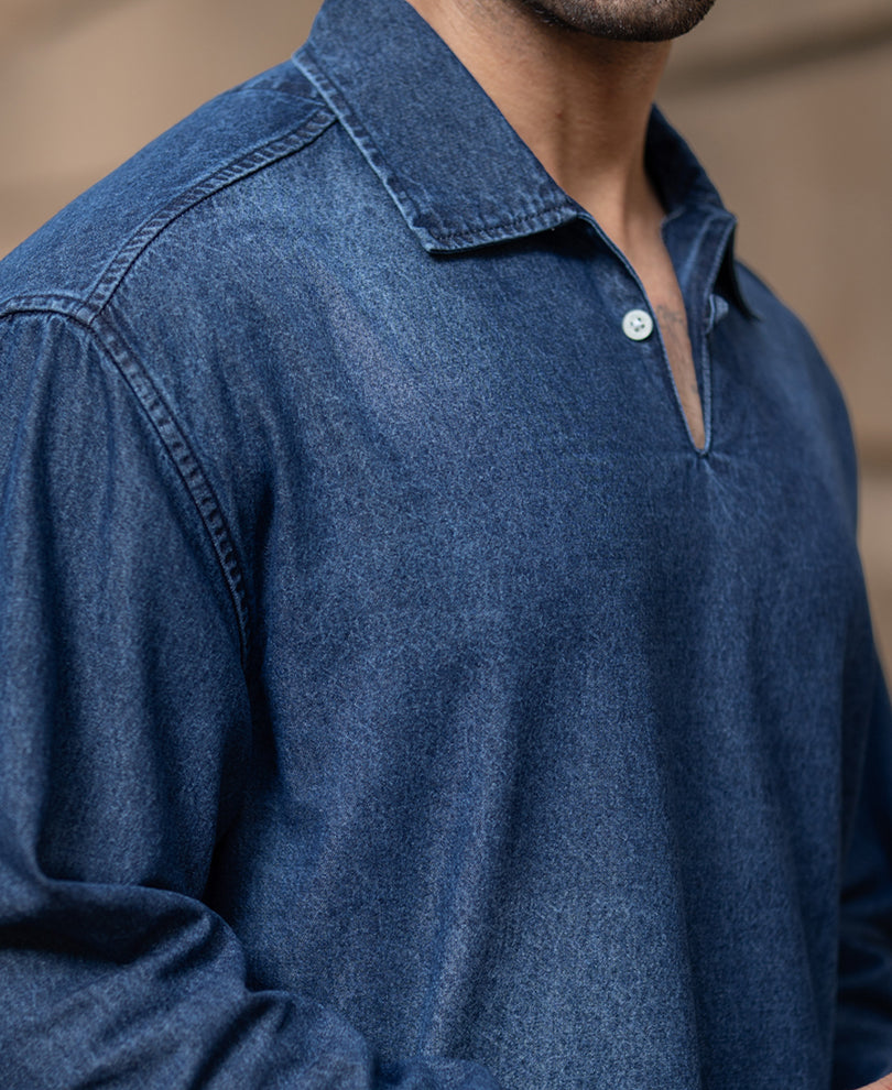 Dark Blue Washed Denim Kurta Shirt