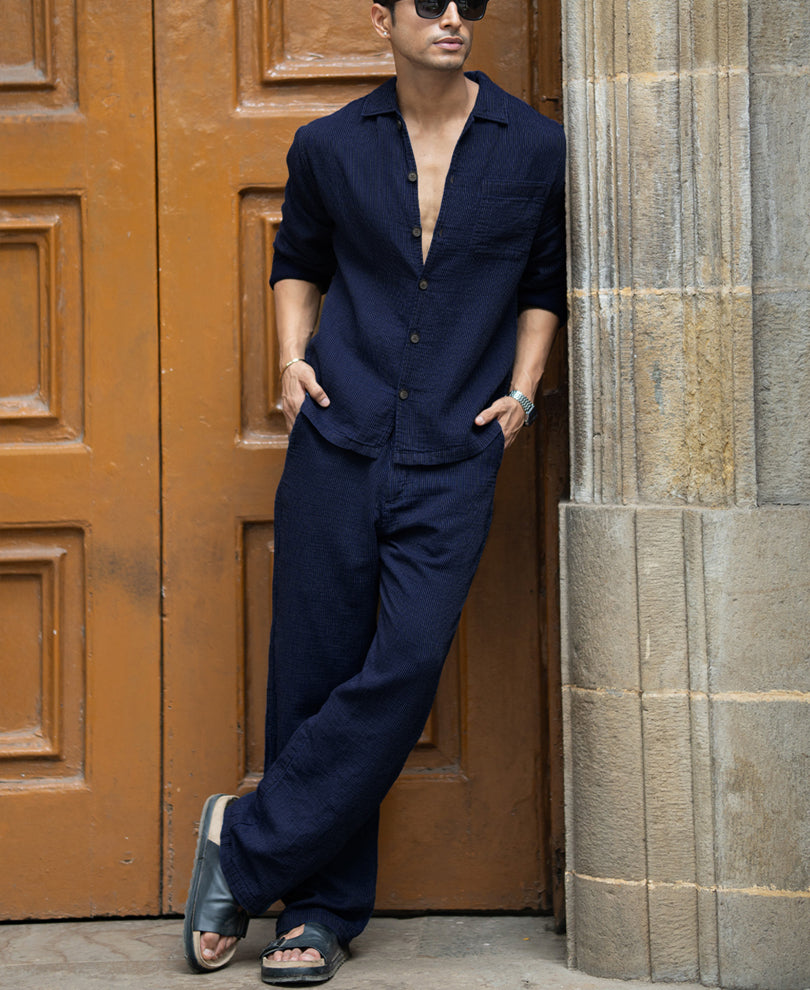Navy Double Cloth Stripe Co-Ord Set.