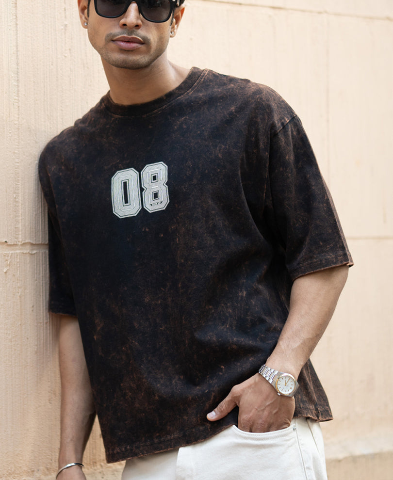 Dark Brown Washed Printed T-Shirt.