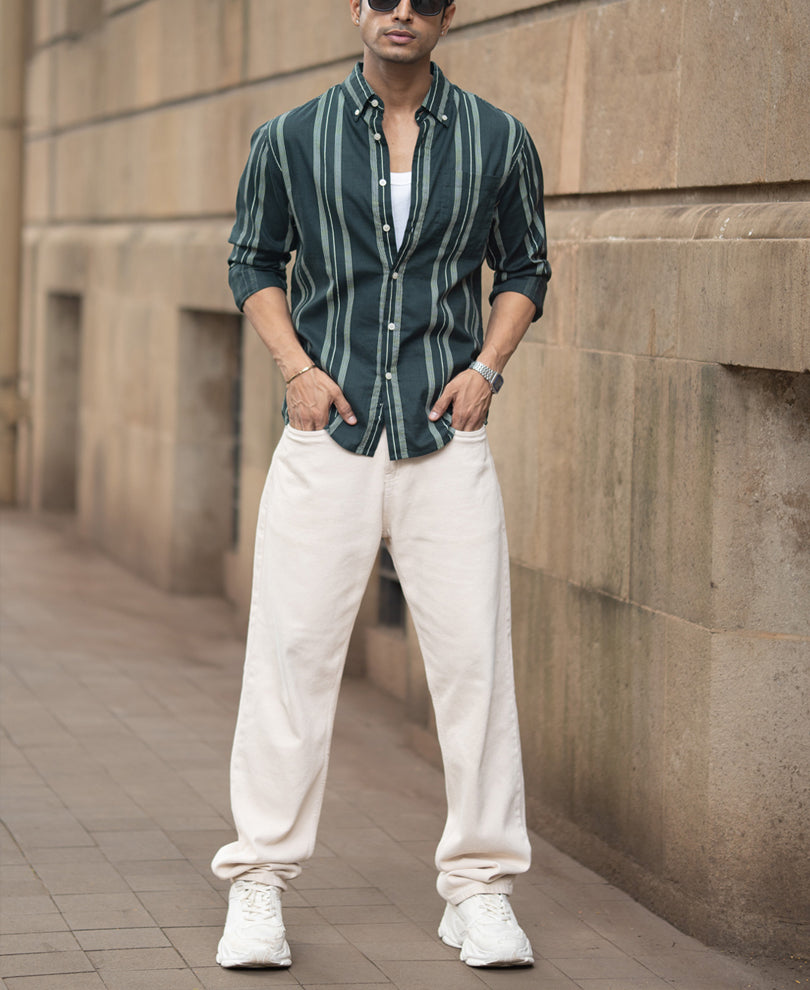 Dark Green Stripped Button Down Shirt.