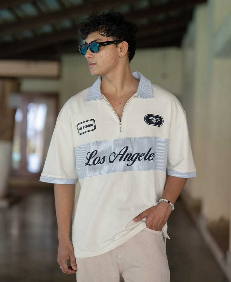 Cream Stripe Patch Embroidered T-Shirt