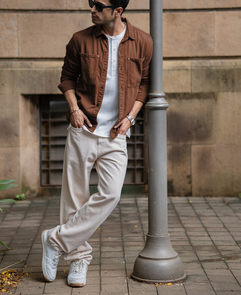 Brown Textured Cotton Overshirt.