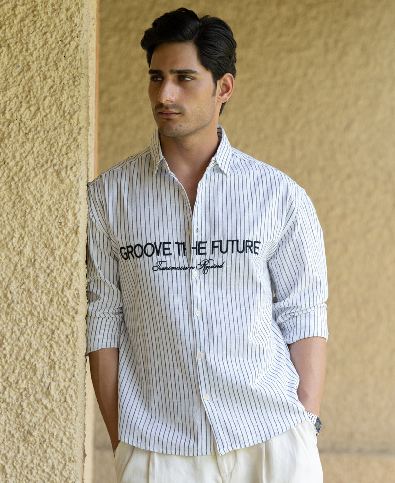 White Embroidered Stripe Shirt 100% Cotton