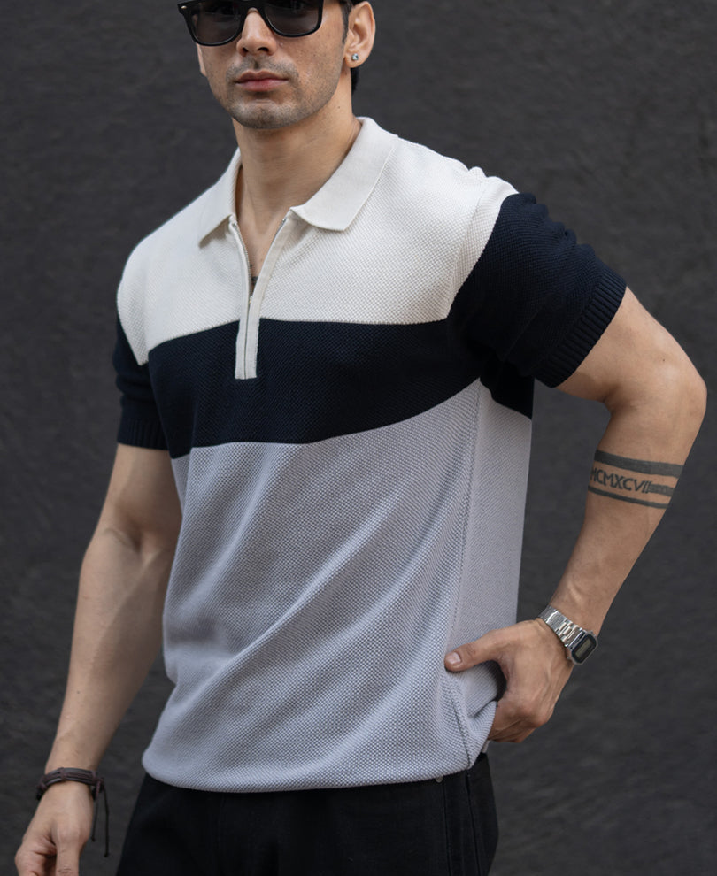 Grey & Navy Knit Stripe T-Shirt.