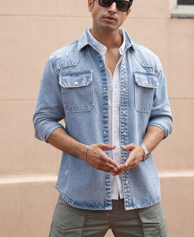 Blue Denim Regular Fit Full Sleeves Shirt.