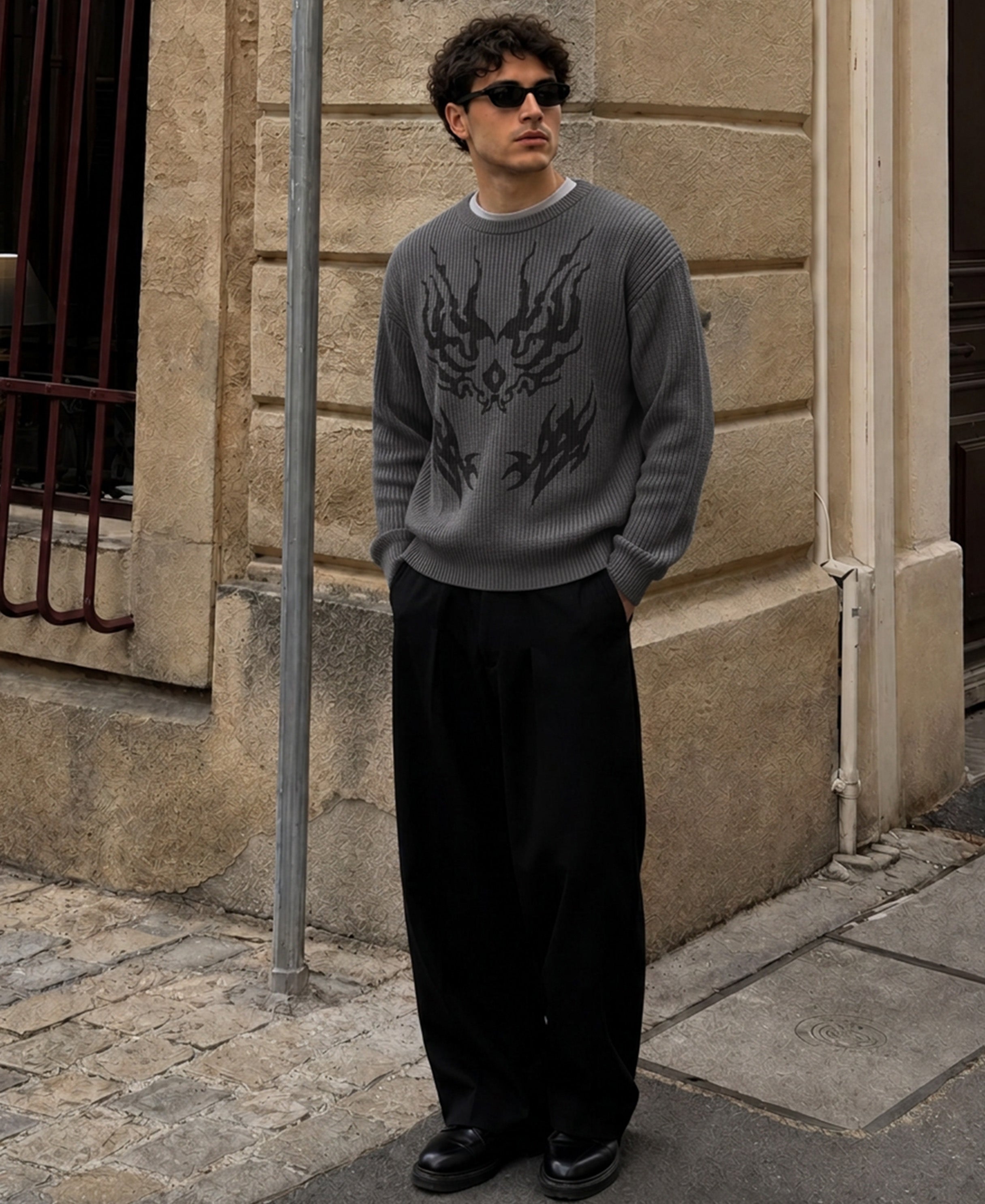 Grey Sigil Print Knit T-Shirt 100% Cotton