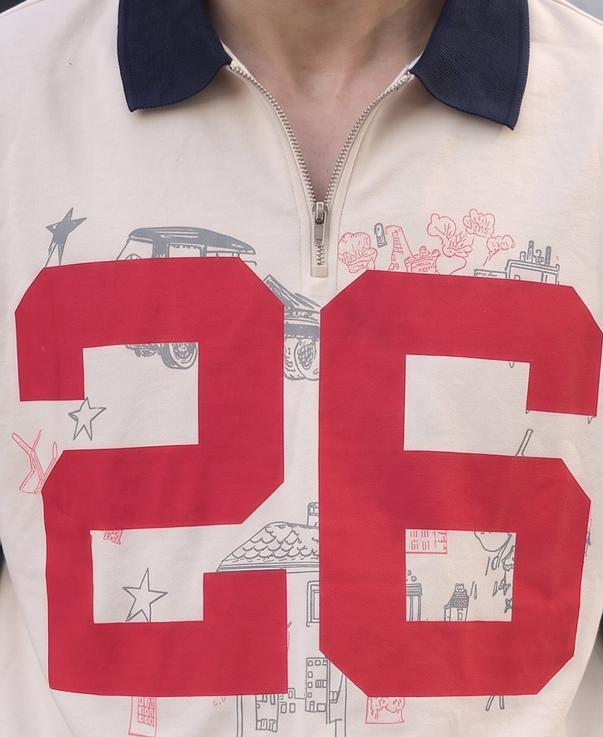 Cream Printed Zipper T-Shirt 100% Cotton