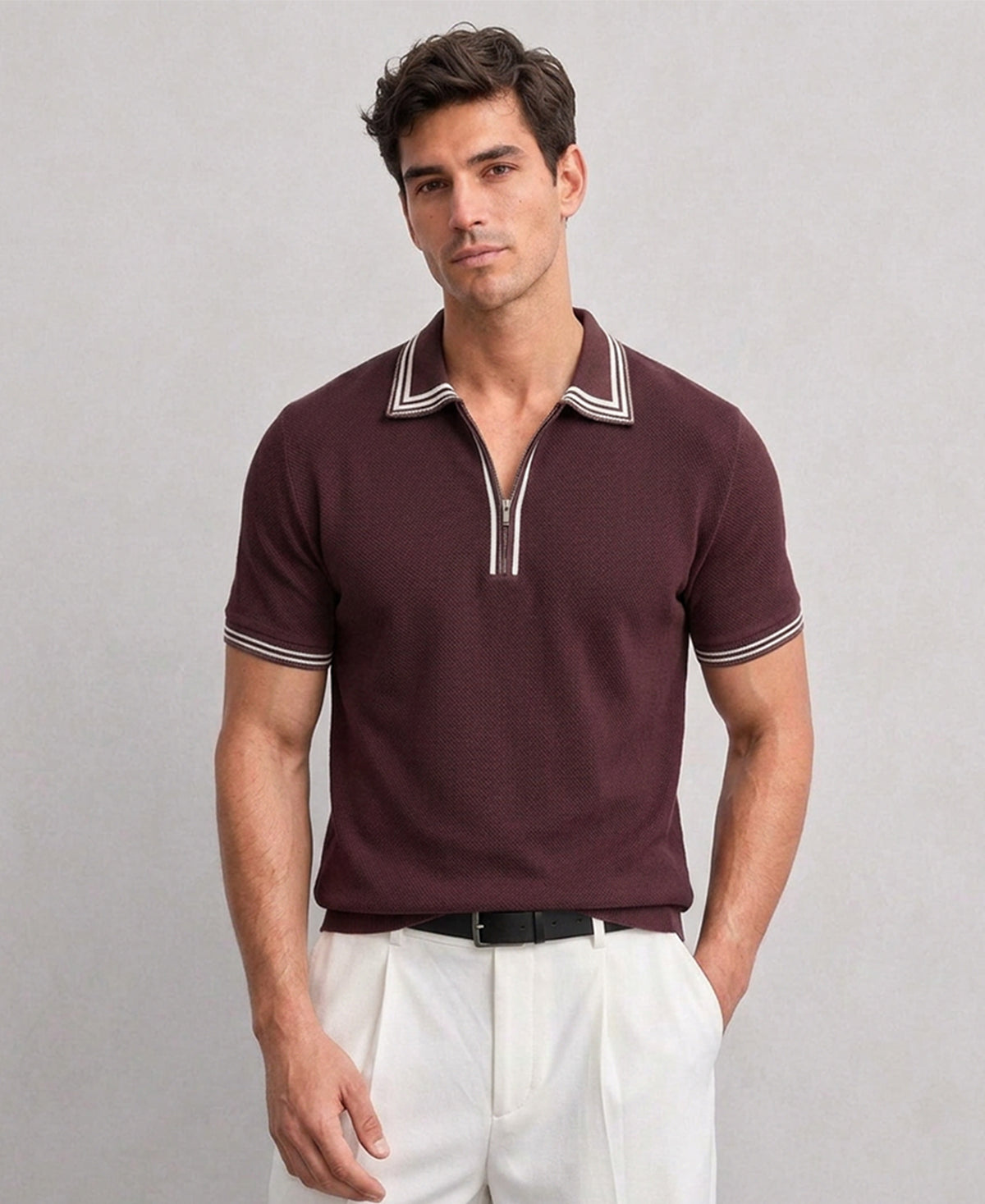 Brown Structured Polo Knit T-Shirt