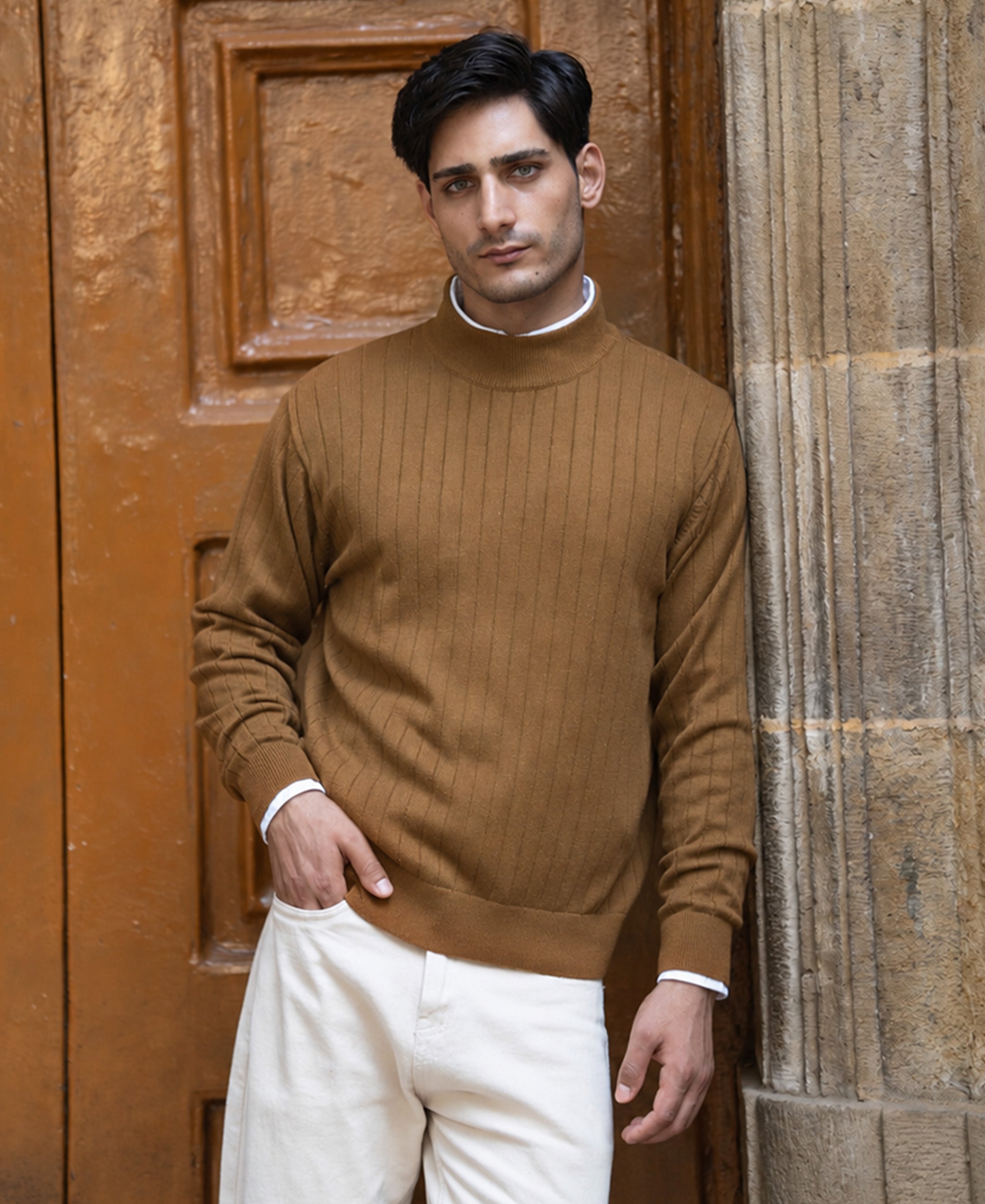 Tan High Neck Cotton Sweater 100% Cotton