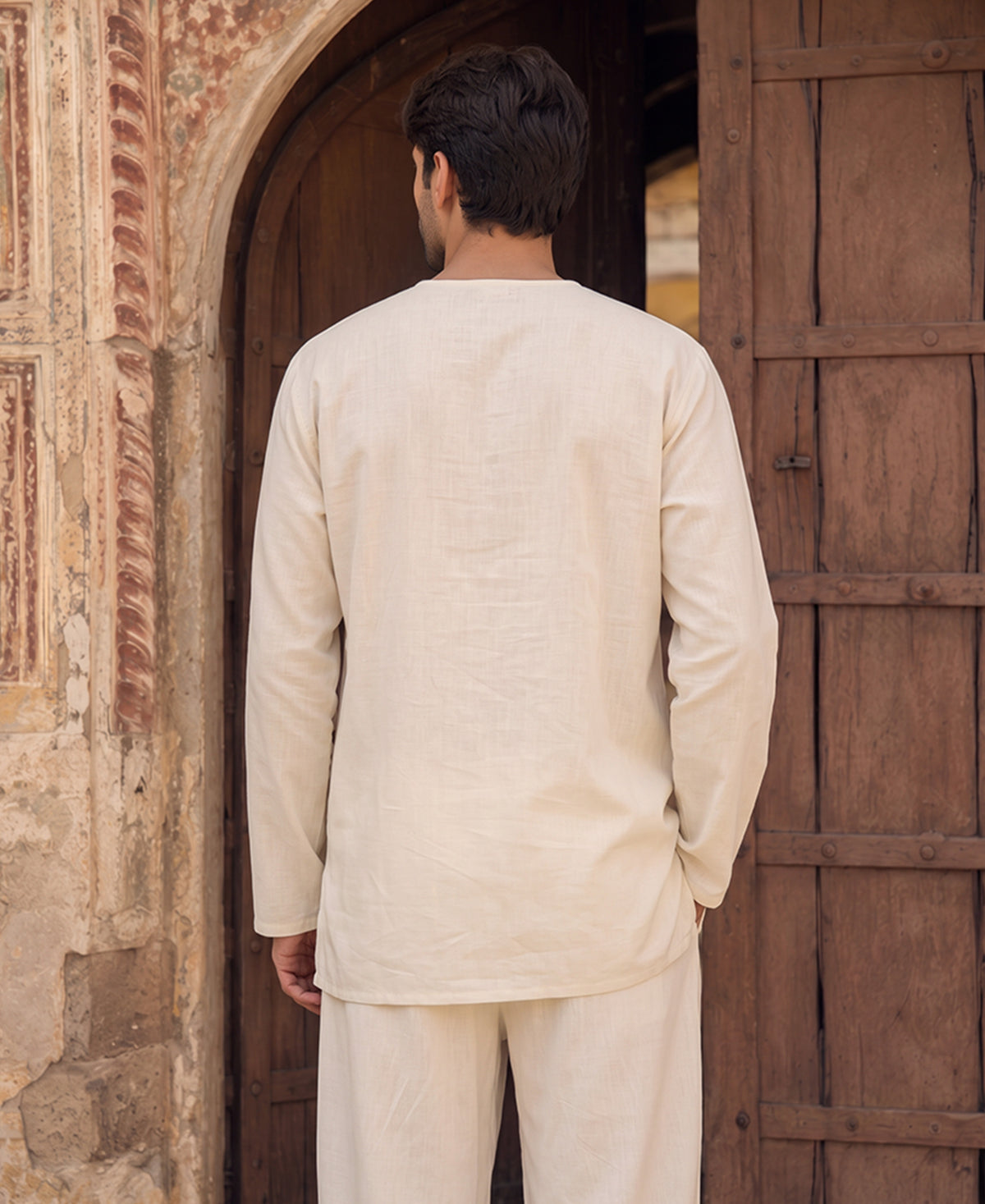 Off White Panelled Kurta Shirt 100% Cotton