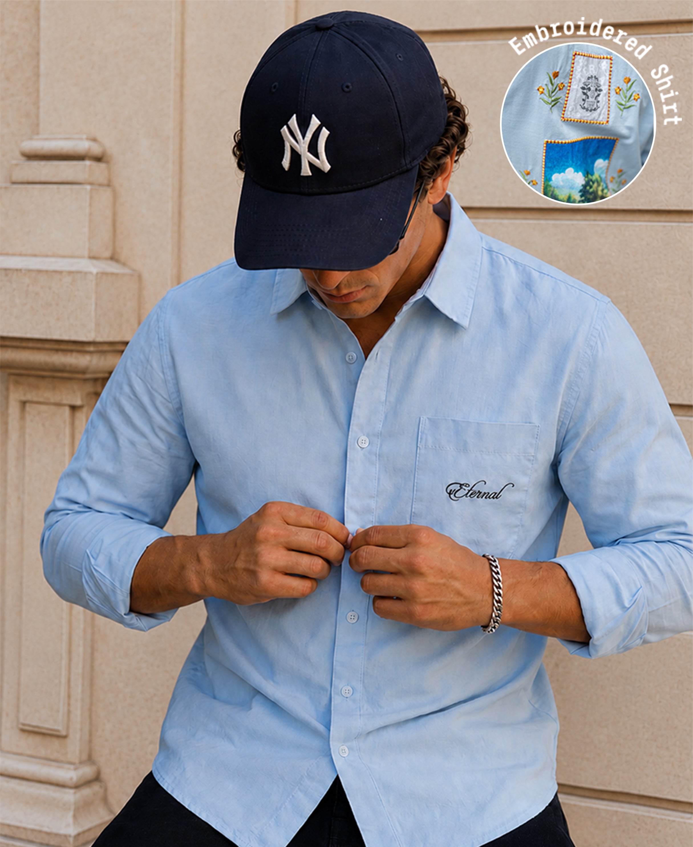 Blue Linen Blend Embroidered Shirt