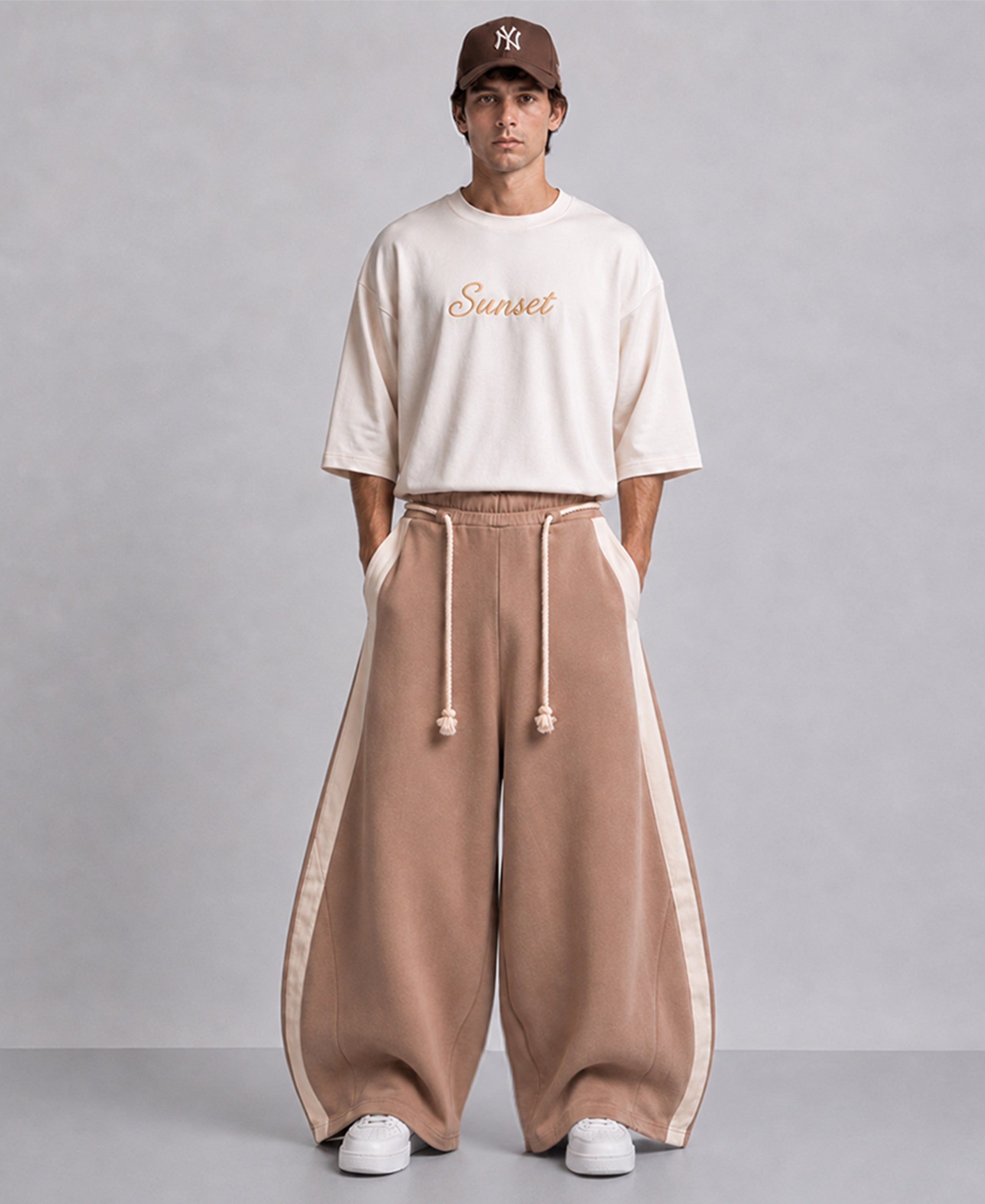 Beige Panelled Barrel Fit Trackpant