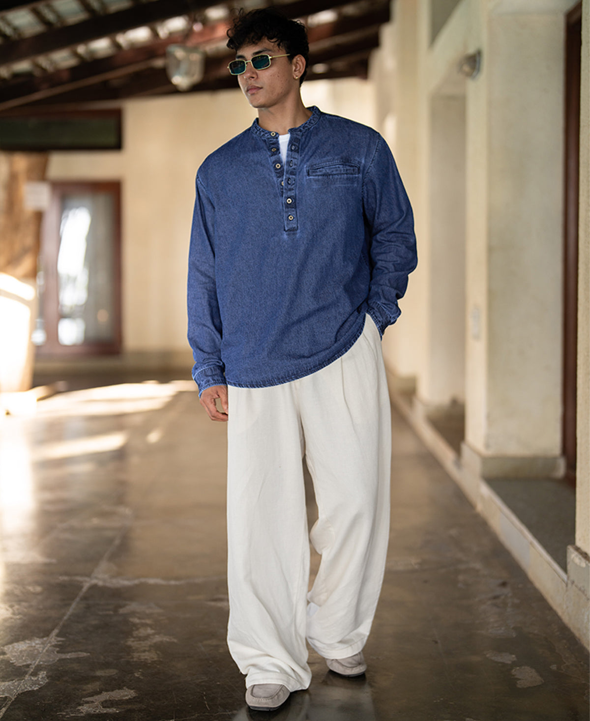 Blue Washed Denim Kurta Shirt