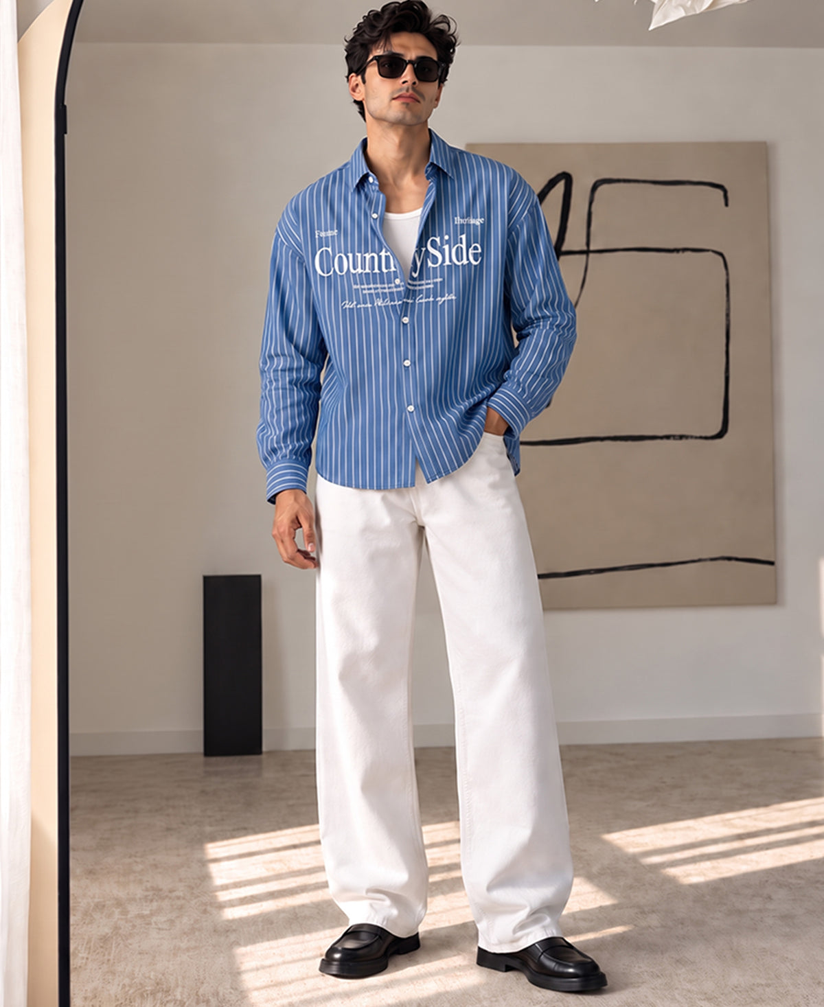 Printed Blue Stripe Shirt 100% Cotton