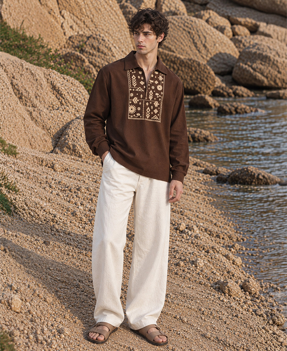Brown Embroidered Linen Kurta Shirt