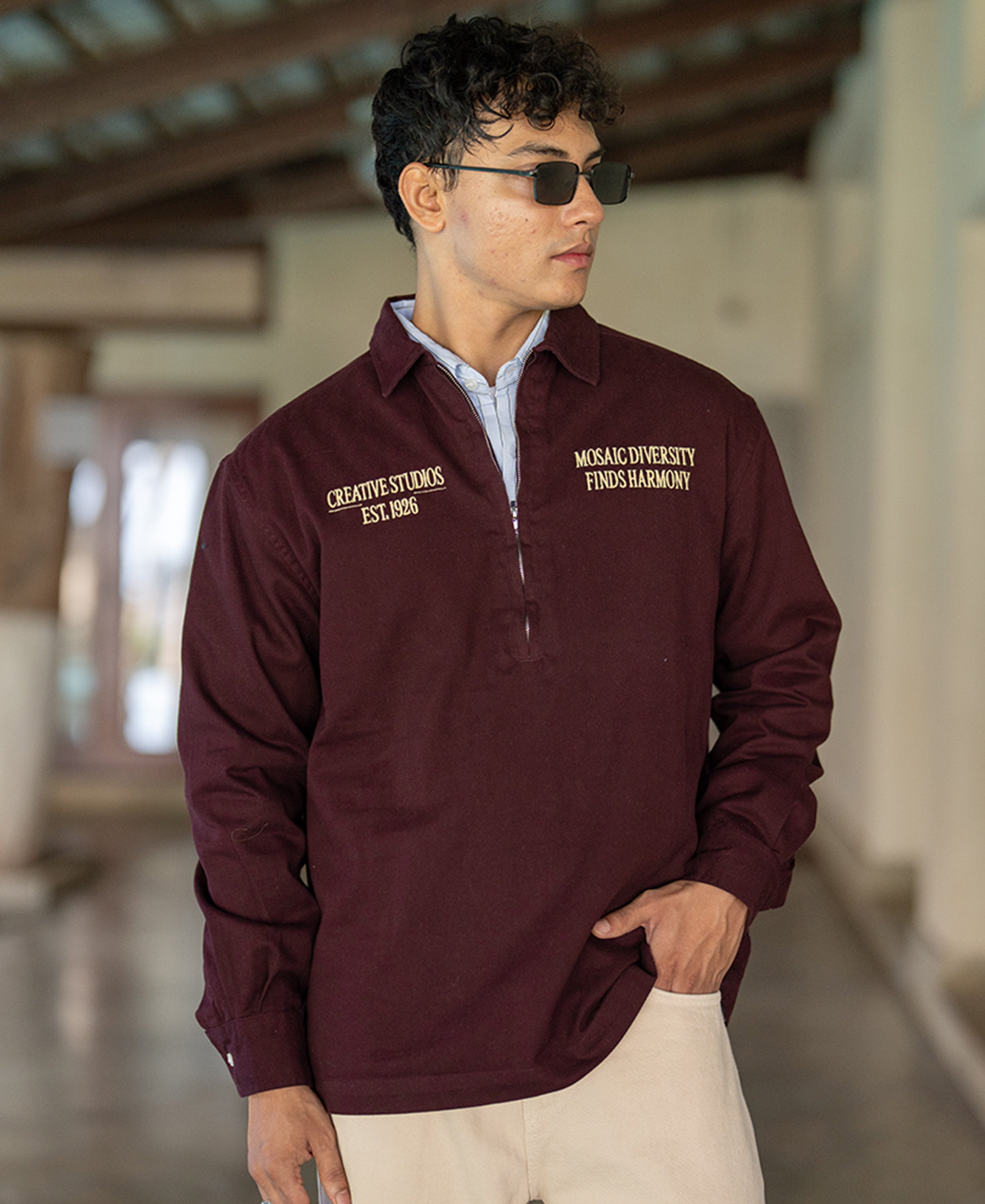 Wine Embroidered Zipper Shirt 100% Cotton