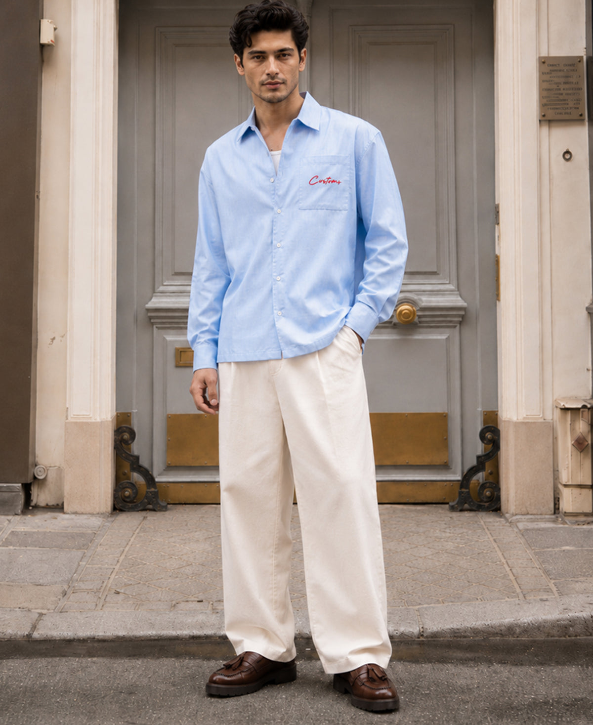 Blue Melange Embroidered Shirt 100% Cotton