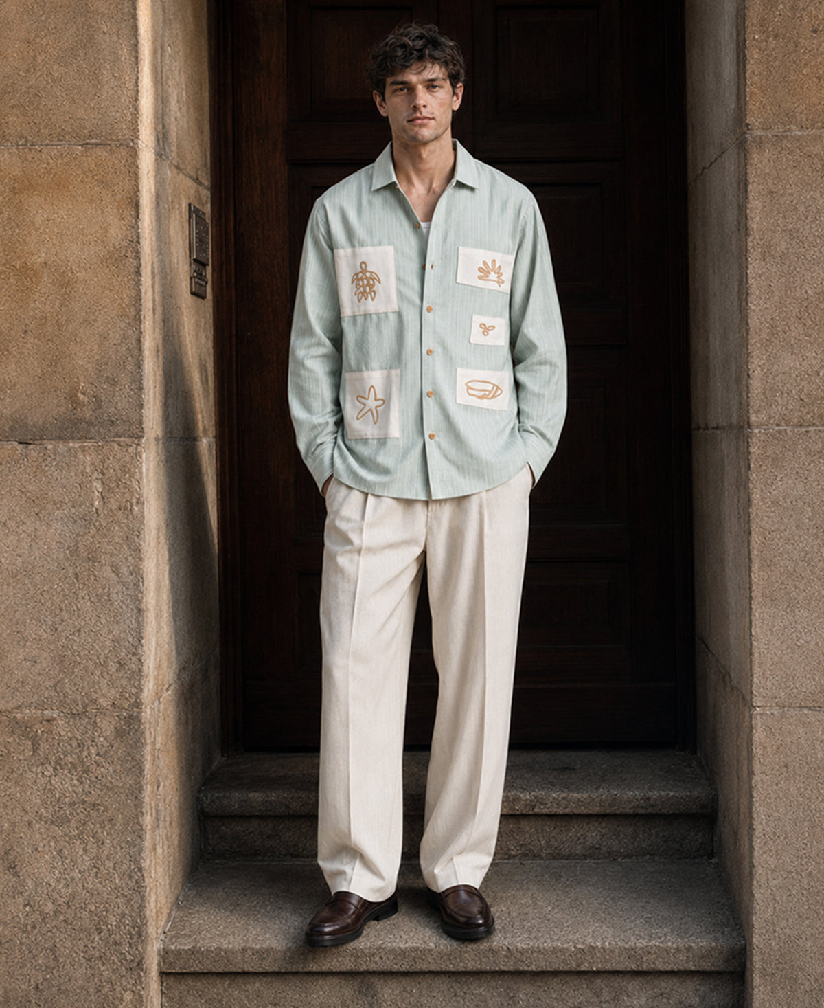 Sage Embroidered Stripe Shirt 100% Cotton