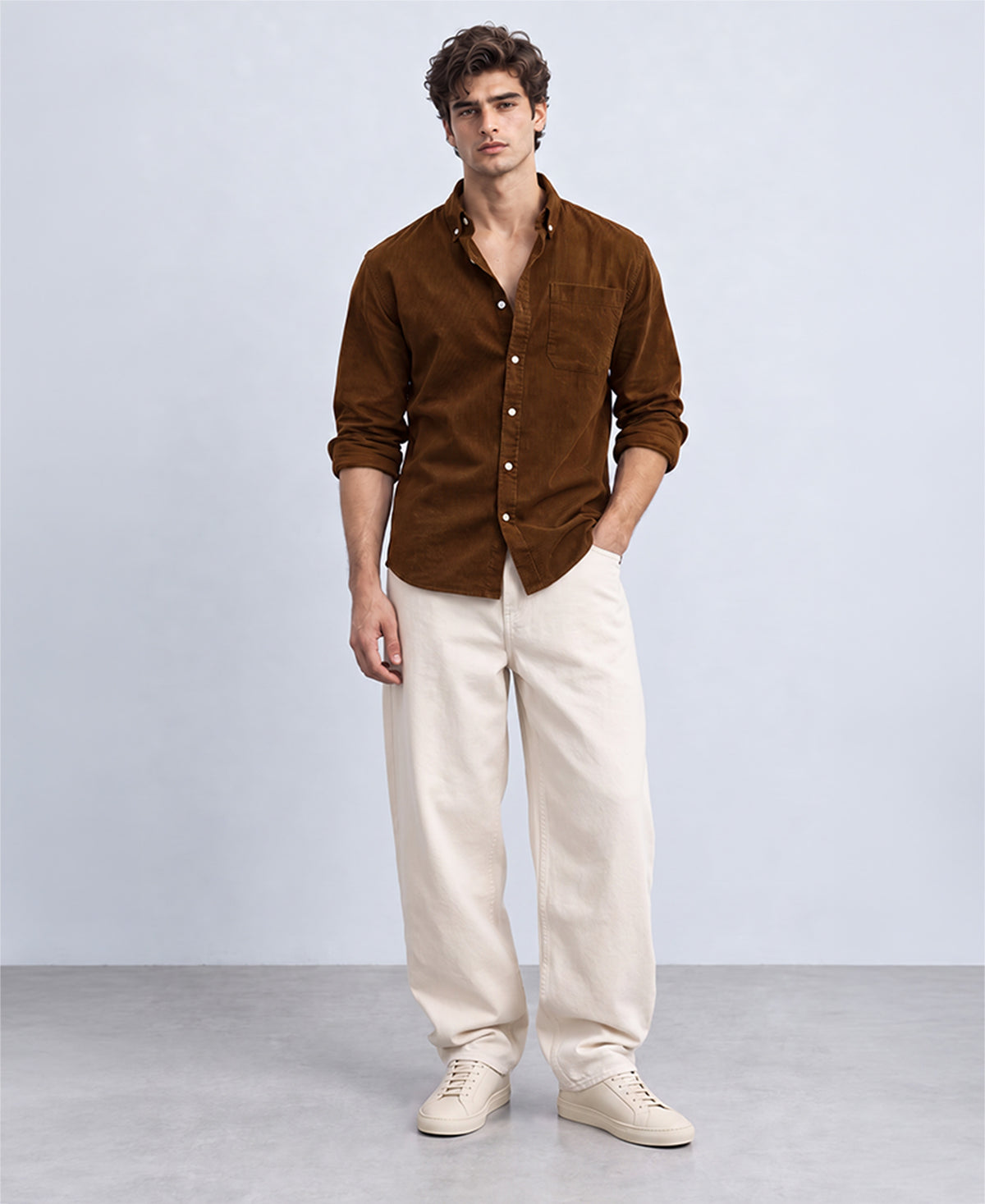 Tan Brown Corduroy Buttondown Shirt 100% Cotton