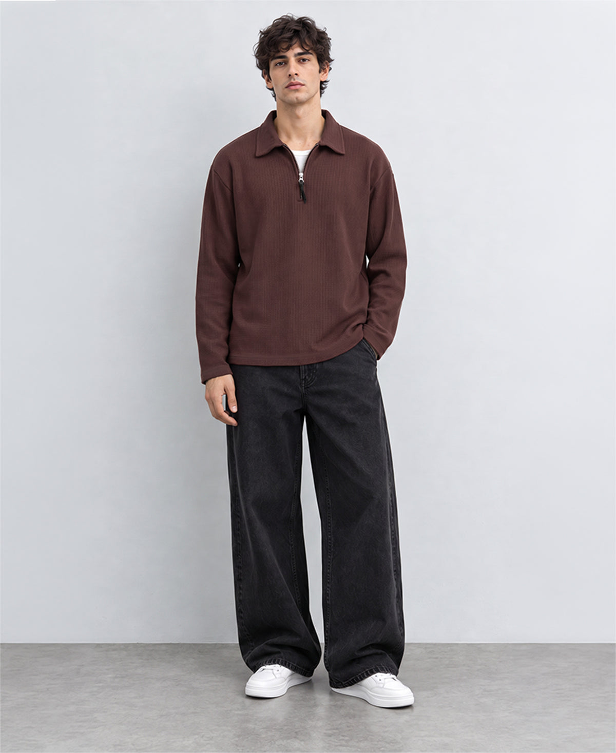 Coffee Brown Structured Zipper T-Shirt