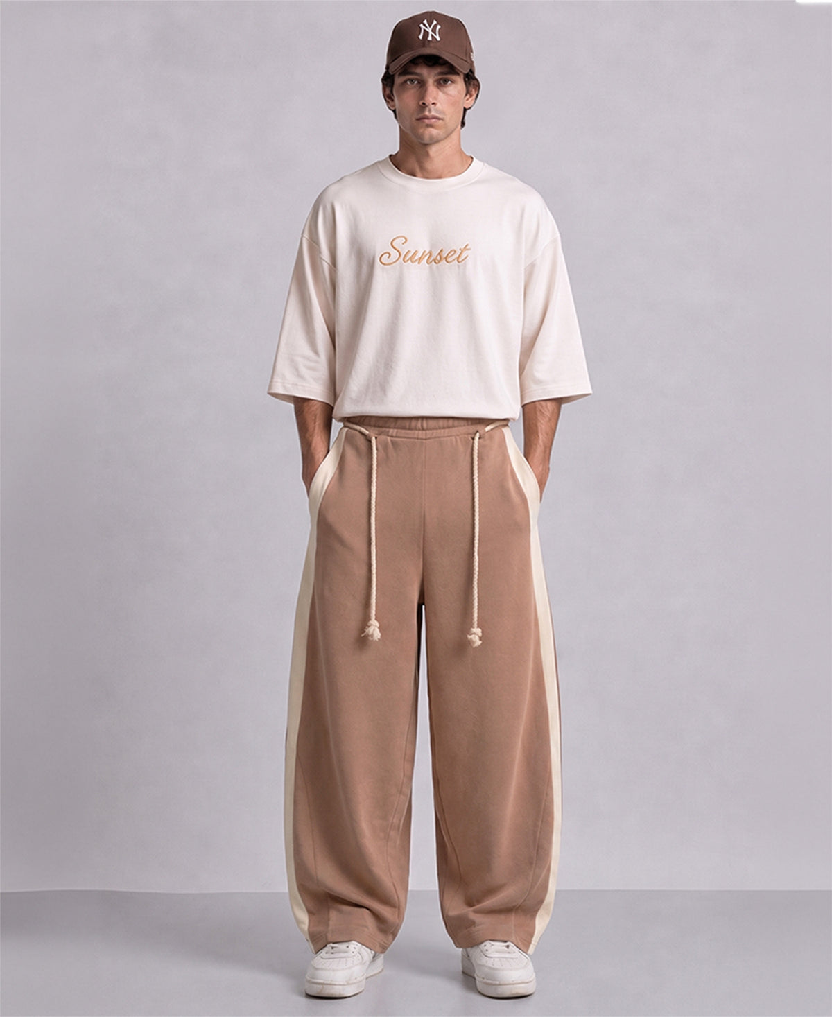 Beige Panelled Barrel Fit Trackpant
