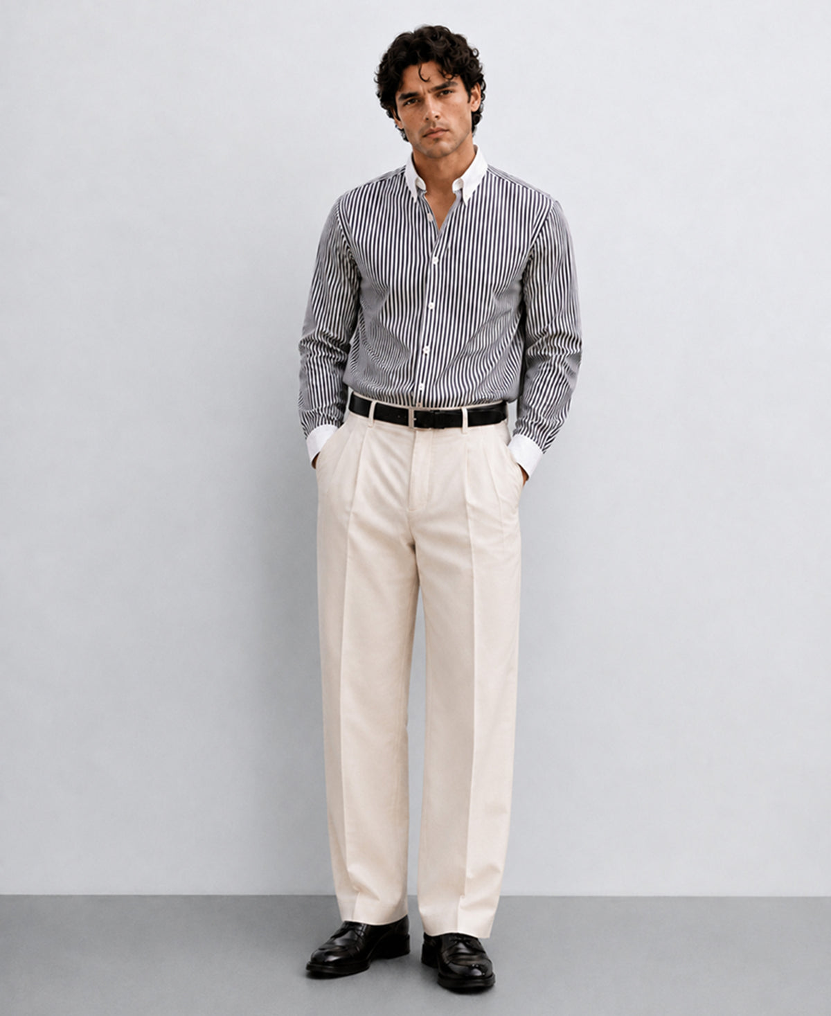 Black Striped Contrast Collar Shirt
