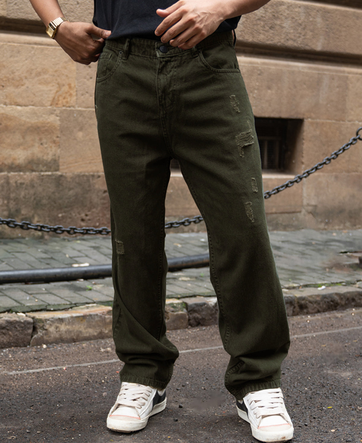 Olive Distress Baggy Jeans