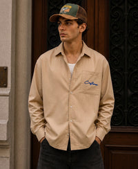 Beige Melange Embroidered Shirt 100% Cotton